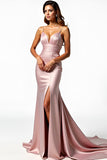 Vestido de fiesta plisado plisado de sirena con tirantes de espagueti rosa empolvado con abertura