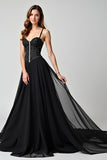 Tirantes finos Negro brillante Un vestido formal largo de línea