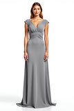 vaina plateada cuello en V mangas casquillo fruncido vestido largo de la madre de la novia