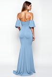 Sirena azul empolvado con hombros fruncidos Vestido formal largo fruncido