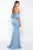 Sirena azul empolvado con hombros fruncidos Vestido formal largo fruncido