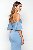 Sirena azul empolvado con hombros fruncidos Vestido formal largo fruncido