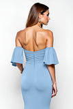 Sirena azul empolvado con hombros fruncidos Vestido formal largo fruncido