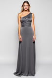 Vestido de dama de honor de satén largo gris acero de un solo hombro