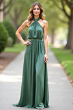 Vestido de dama de honor de eucalipto sin espalda halter A Line
