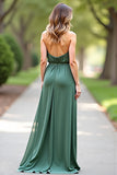 Vestido de dama de honor de eucalipto sin espalda halter A Line