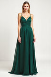 Vestido largo de dama de honor con tirantes de espagueti de raso pino