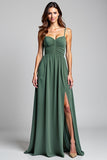 Vestido de dama de honor fruncido con tirantes finos de eucalipto A Line