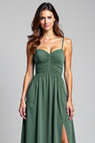 Vestido de dama de honor fruncido con tirantes finos de eucalipto A Line