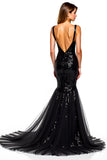 Vestido de corbata negra con lentejuelas con tirantes de espagueti de sirena