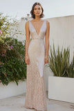 Champagne Metalizado Vestido formal con escote en V profundo hasta el tobillo