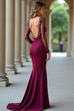 Vestido formal largo sirena burdeos brillante con cuello en V y mangas largas