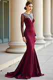 Vestido formal sirena burdeos con cuello redondo brillante y mangas largas