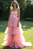 Vestido de gala de tul con volantes sin tirantes de línea A rosa