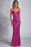 lentejuelas brillantes fucsia tirantes de espagueti vestido formal