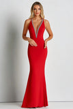 Vestido formal de satén rojo mate con escote en V profundo