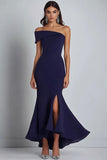 Vestido formal de crepé azul marino con abertura