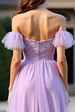 Organza de encaje lila Un vestido formal con hombros descubiertos