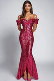 Vestido formal de sirena fucsia con lentejuelas con hombros descubiertos