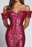 Vestido formal de sirena fucsia con lentejuelas con hombros descubiertos