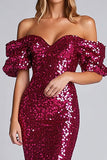 Vaina fucsia brillante con hombros descubiertos Vestido formal largo de lentejuelas