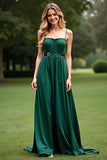 Vestido formal largo de gasa con tirantes finos de línea A verde oscuro