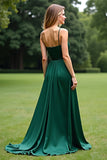 Vestido formal largo de gasa con tirantes finos de línea A verde oscuro