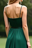 Vestido formal largo de gasa con tirantes finos de línea A verde oscuro