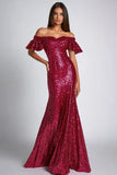 Burdeos Hombro Off El Hombro Lentejuelas Sirena Vestido Formal Largo
