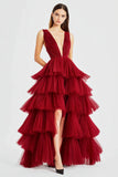 Vestido formal de tul con tirantes de espagueti rojos de una línea con abertura