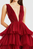 Vestido formal de tul con tirantes de espagueti rojos de una línea con abertura
