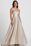 Glitter Champagne Cuello Barco Una Línea Vestido Formal Largo