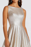 Glitter Champagne Cuello Barco Una Línea Vestido Formal Largo