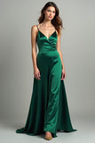Vestido de fiesta largo de tirantes de espagueti de satén verde oscuro