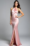 Vestido formal largo de sirena halter de satén rosa