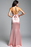 Vestido formal largo de sirena halter de satén rosa