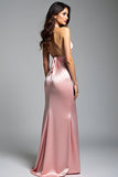 Vestido formal largo de sirena halter de satén rosa