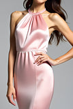 Vestido formal largo de sirena halter de satén rosa