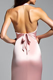 Vestido formal largo de sirena halter de satén rosa