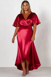 Vaina Vestido Formal Largo Largo De Satén Rojo Manga Corta Cuello En V