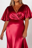 Vaina Vestido Formal Largo Largo De Satén Rojo Manga Corta Cuello En V