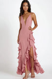 Vestido formal largo con volantes de tirantes de espagueti de gasa rosa con abertura