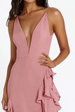 Vestido formal largo con volantes de tirantes de espagueti de gasa rosa con abertura