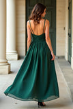 Vestido formal largo largo de encaje con tirantes de espagueti verde oscuro de una línea