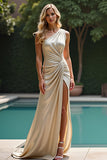 Vaina Champagne Vestido Formal Largo Fruncido de Un Hombro con Abertura