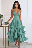 Vestido formal largo de tirantes de gasa verde A Line con volantes
