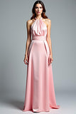 Vestido formal largo plisado halter de raso rosa de una línea