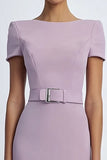 Vestido formal midi de manga casquillo vaina lila con cinturones