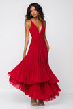 Vestido formal de tirantes finos rojos con volantes de una línea