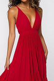 Vestido formal de tirantes finos rojos con volantes de una línea